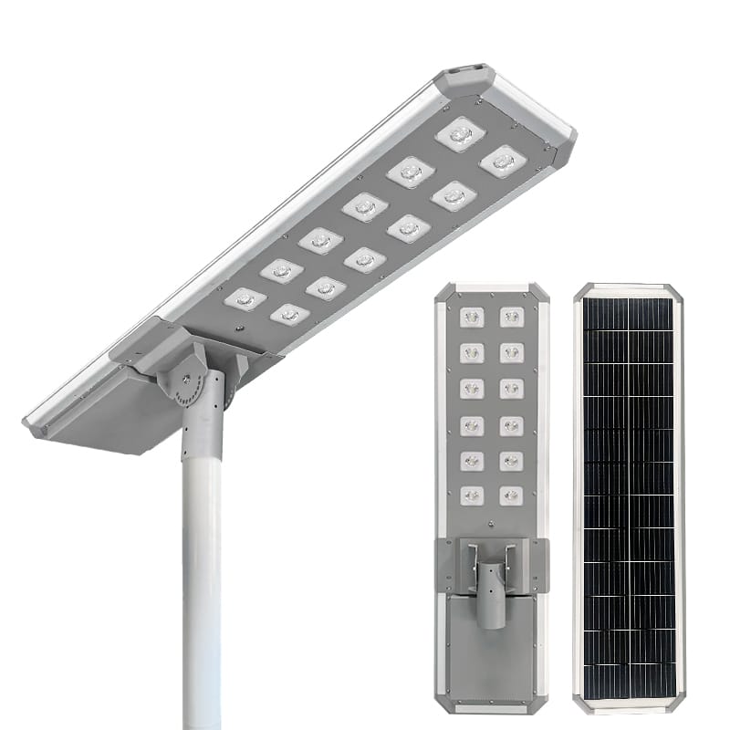 Luminaria solar All in One montada en poste con panel solar y módulo compacto