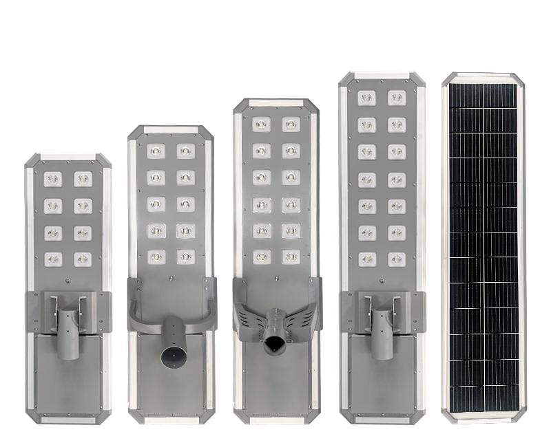 Línea de luminarias solares All in One de distintos tamaños con panel solar integrado